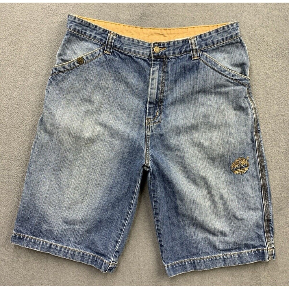 Vtg Timberland Denim Jean Shorts Jorts 36 Embroidered Baggy Y2K Hip Hop Skater
